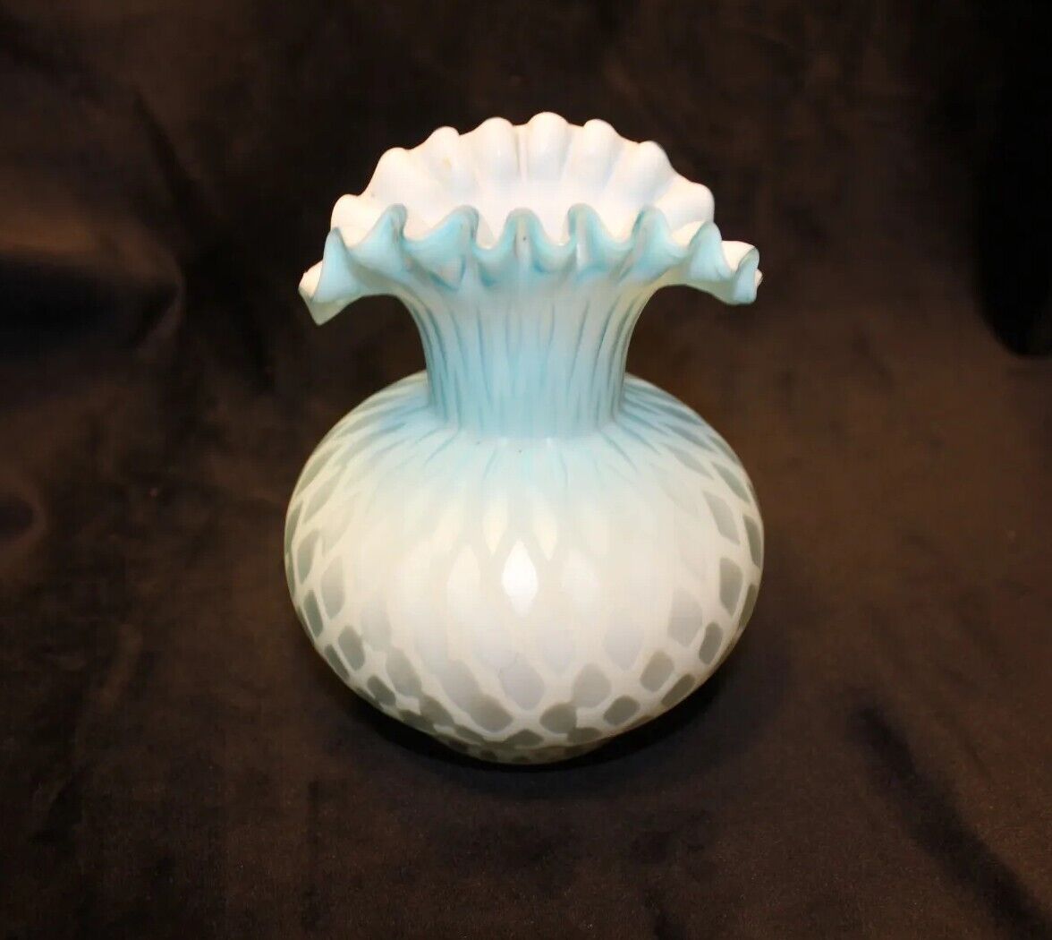 1800s Blue Satin Glass Diamond Quilt Vase & More