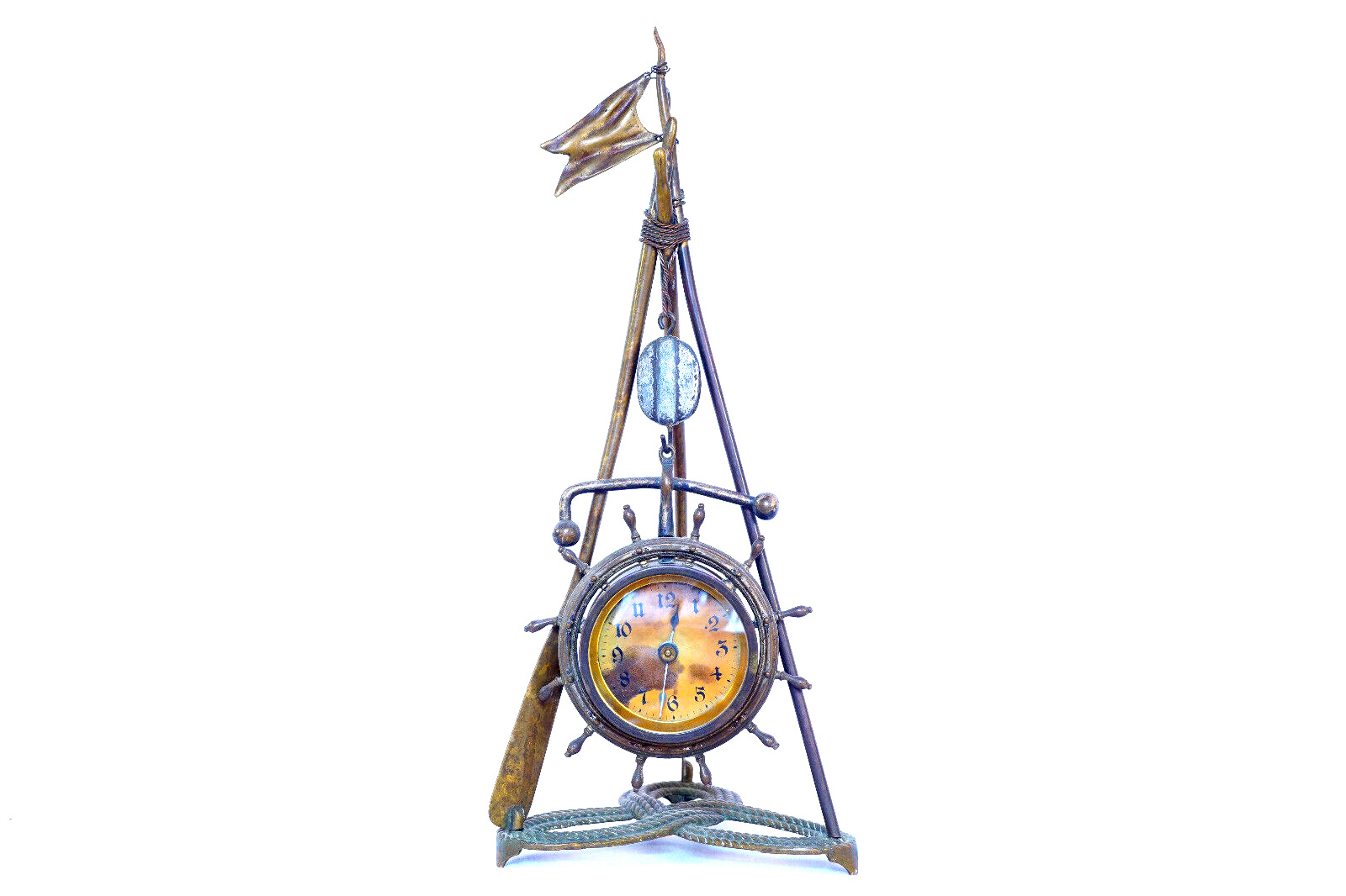 Ansonia Nautical Clock Sculpture with Boat Wheel Flag