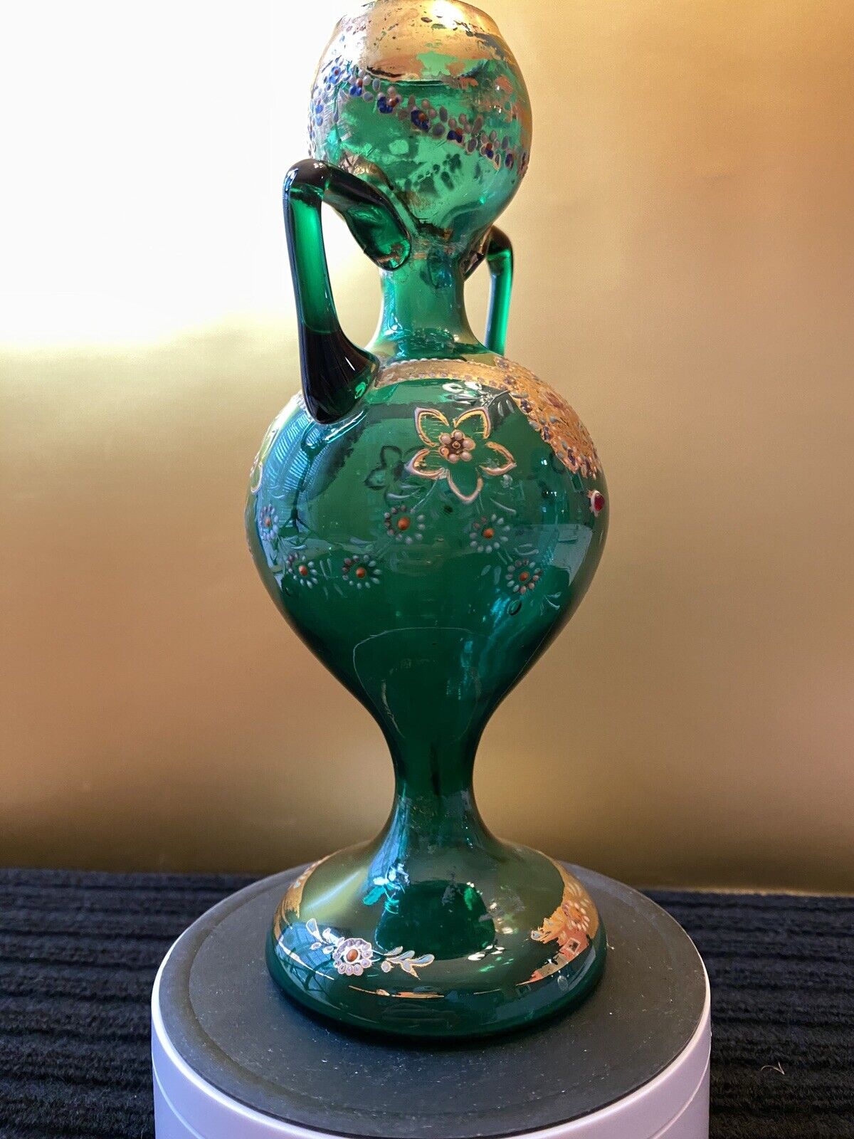Czech Bohemian Green Double Handle Glass Vase