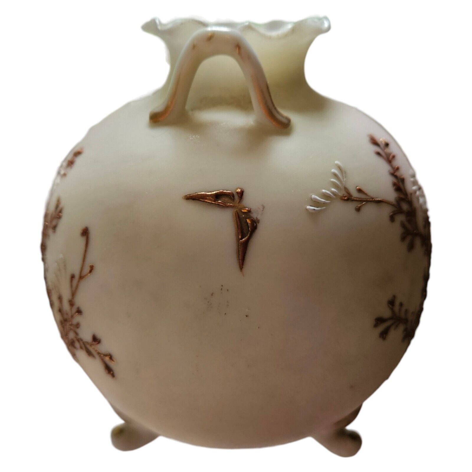 Enameled Satin Glass Antique Vase, 1800's Heavy Gold