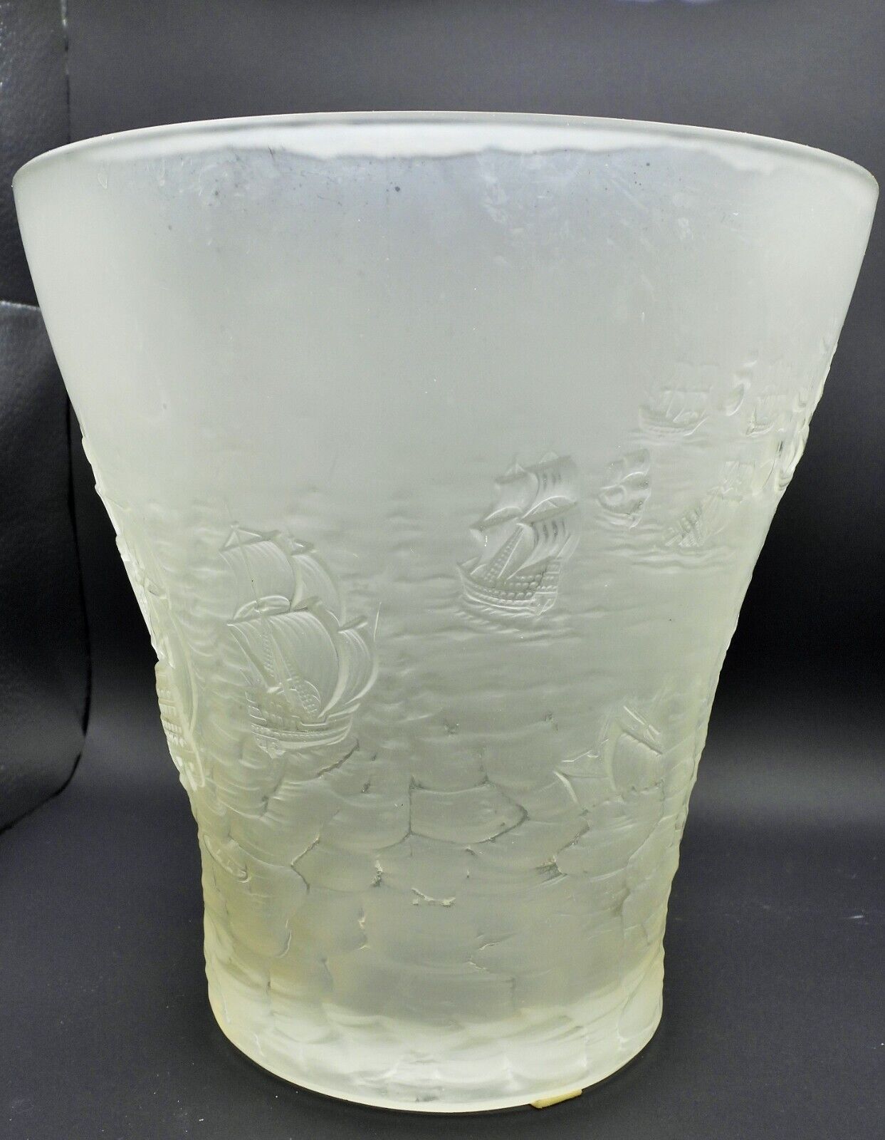 Antique Frosted Glass Navy Galleon Ships Large Vase
