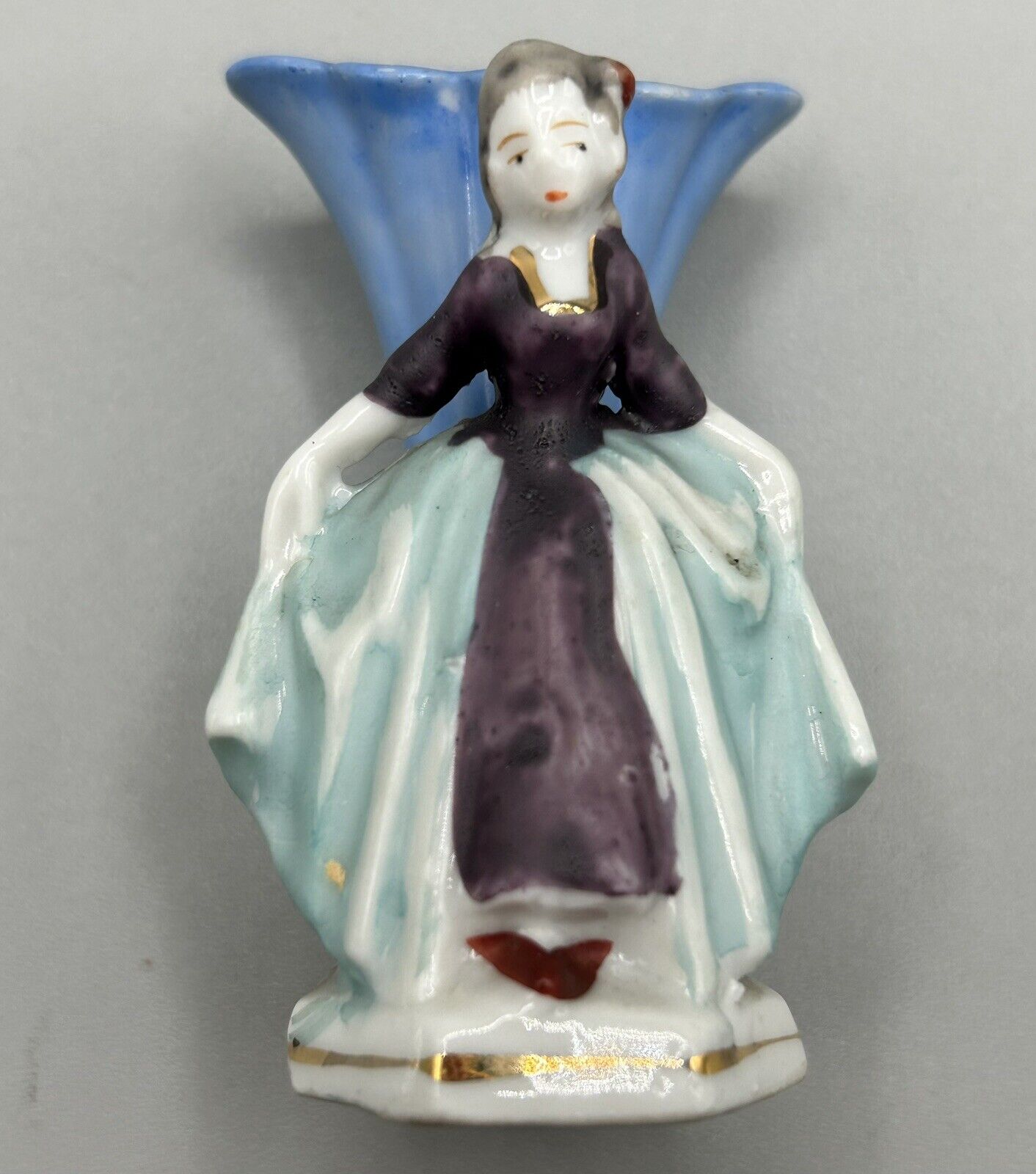 Vintage Hand-Painted Japanese Miniature Vase: Fabulous Lady in Purple & Aqua