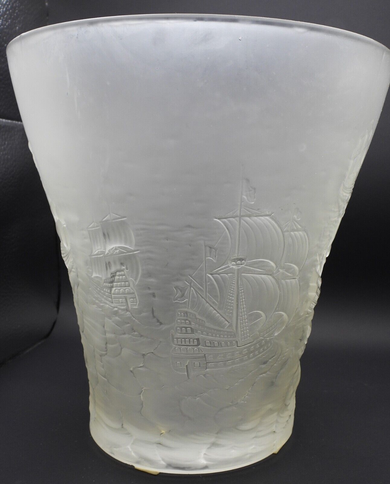 Antique Frosted Glass Navy Galleon Ships Large Vase