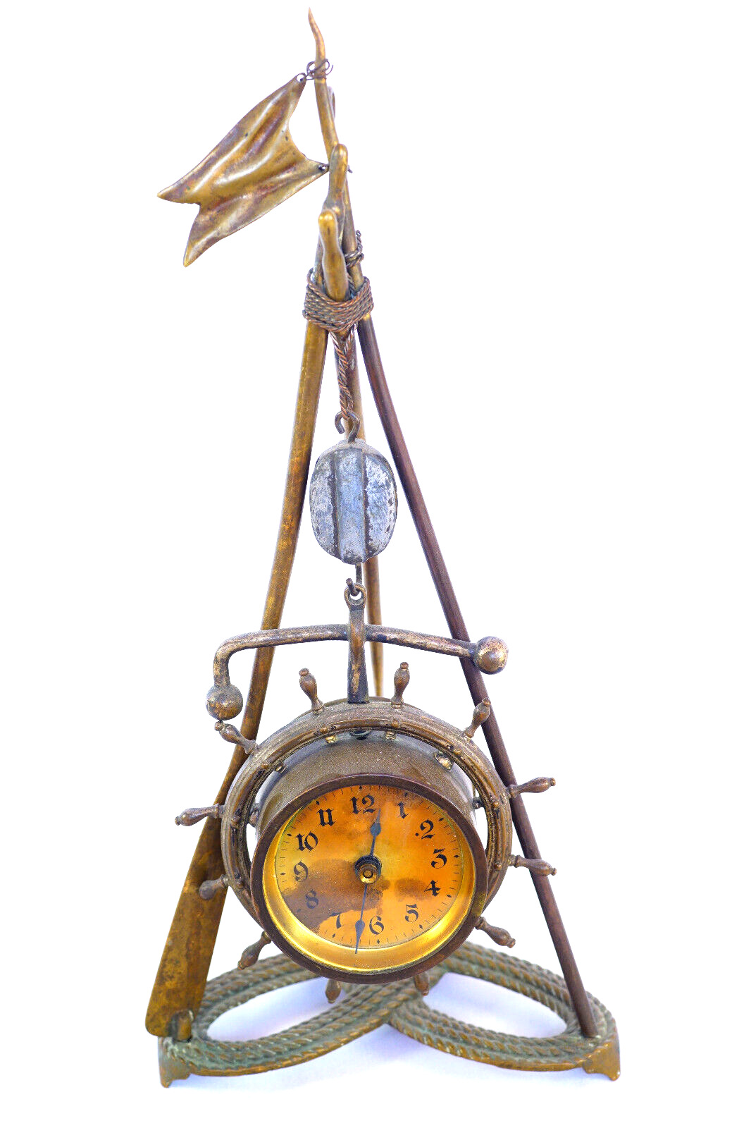 Ansonia Nautical Clock Sculpture with Boat Wheel Flag