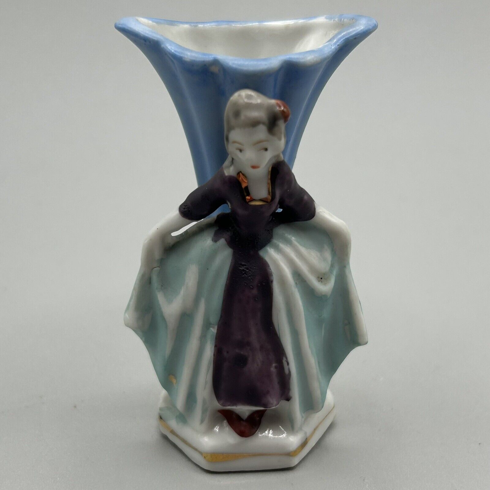Vintage Hand-Painted Japanese Miniature Vase: Fabulous Lady in Purple & Aqua