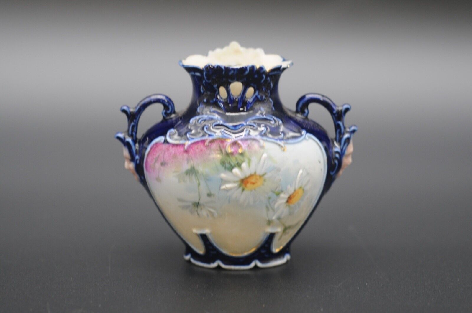 1800s Art Nouveau Cobalt Blue Porcelain Vase with Faces