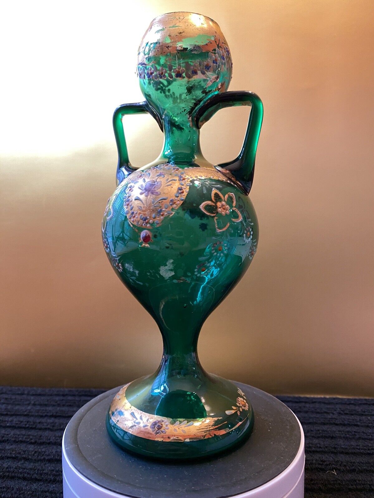 Czech Bohemian Green Double Handle Glass Vase