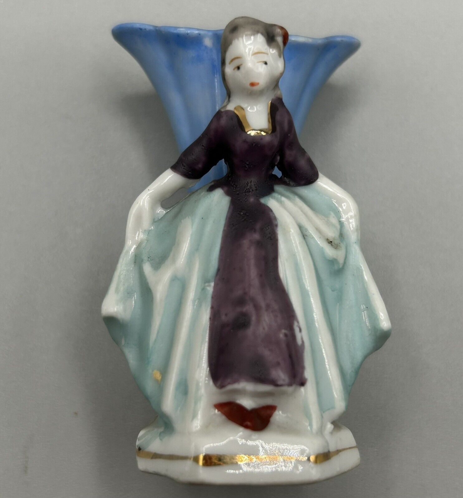 Vintage Hand-Painted Japanese Miniature Vase: Fabulous Lady in Purple & Aqua