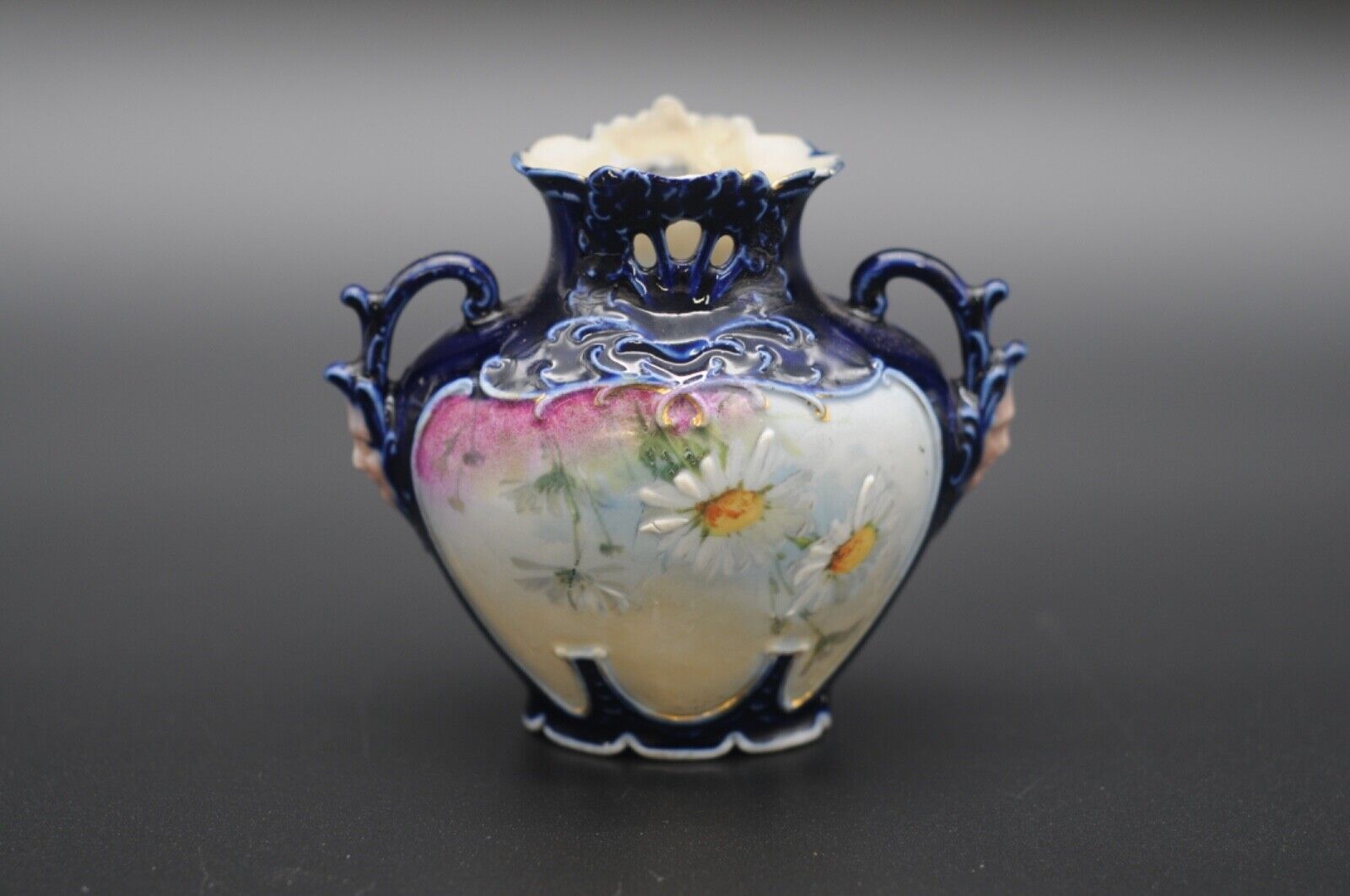 1800s Art Nouveau Cobalt Blue Porcelain Vase with Faces