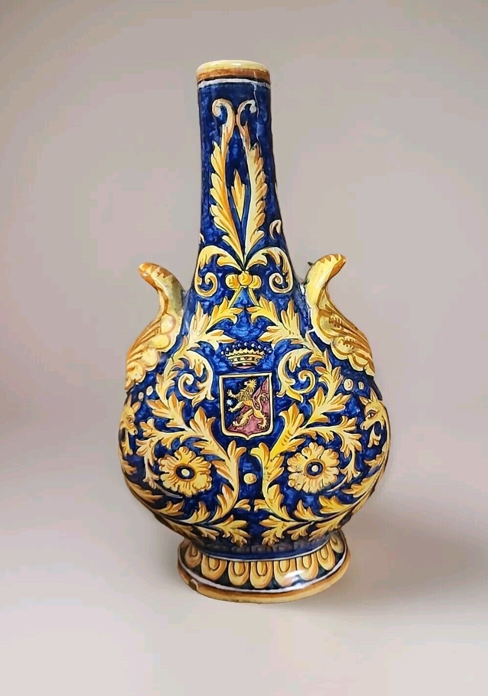 Italian Griffin Porcelain Flask Vase Antique 10.25