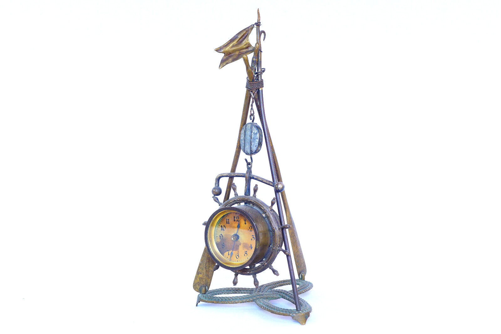 Ansonia Nautical Clock Sculpture with Boat Wheel Flag