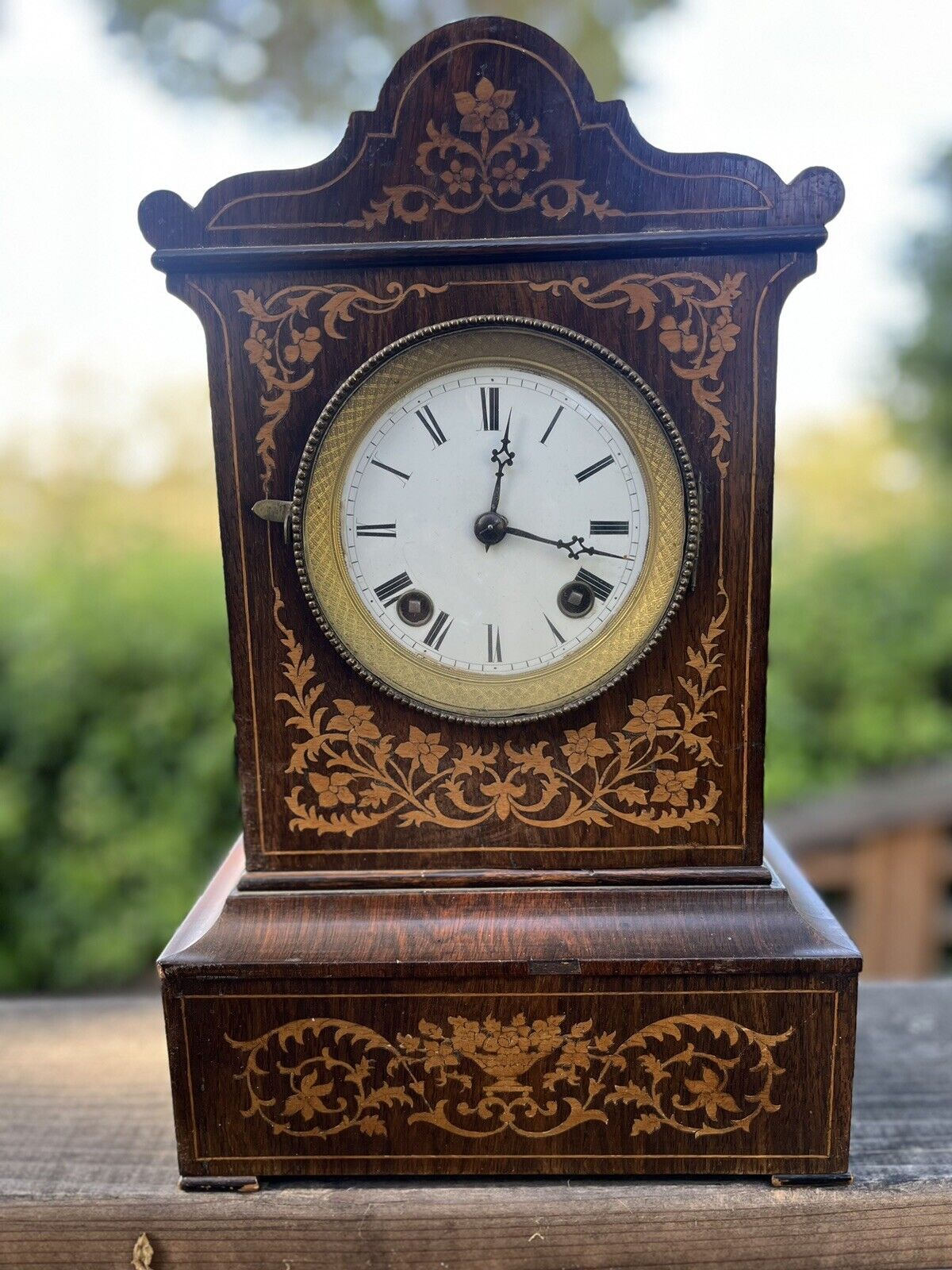 Edwardian Mahogany Inlaid Mantle Clock, Brass Pendulum