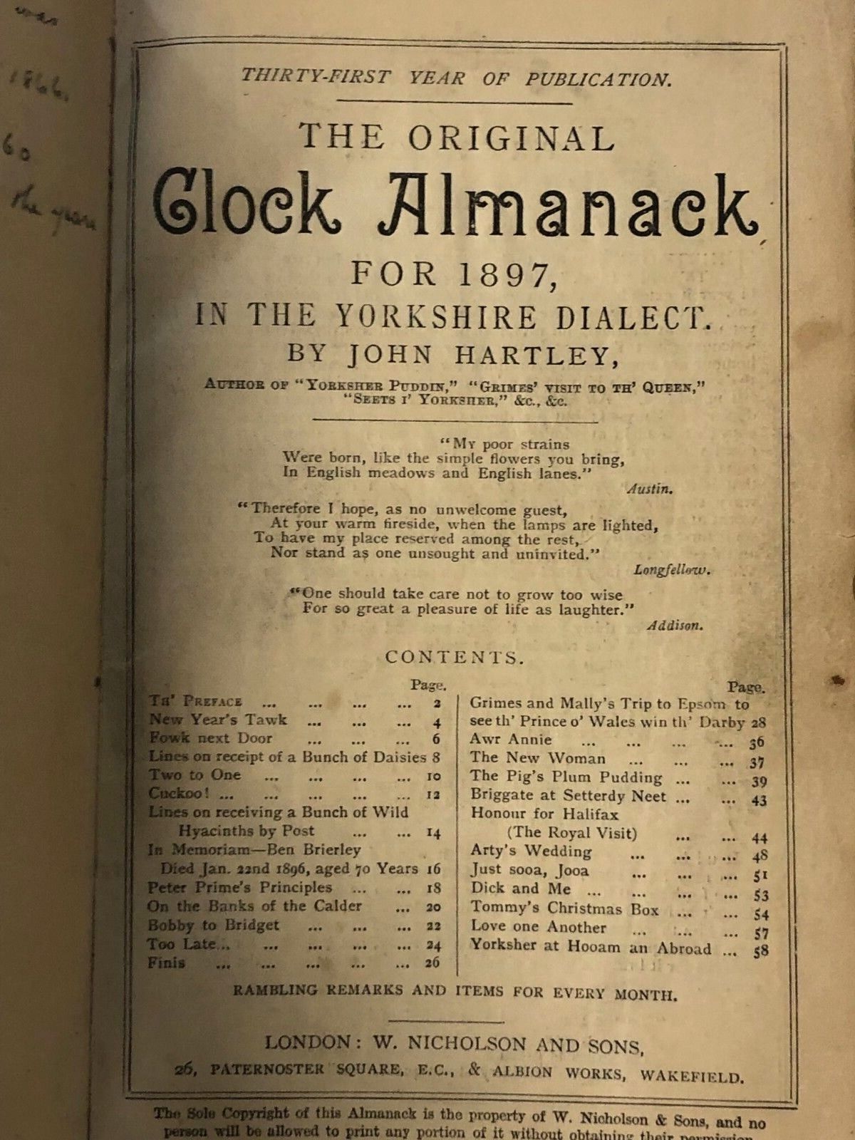 Antique John Hartley "Original Clock Almanack" Bound Edition