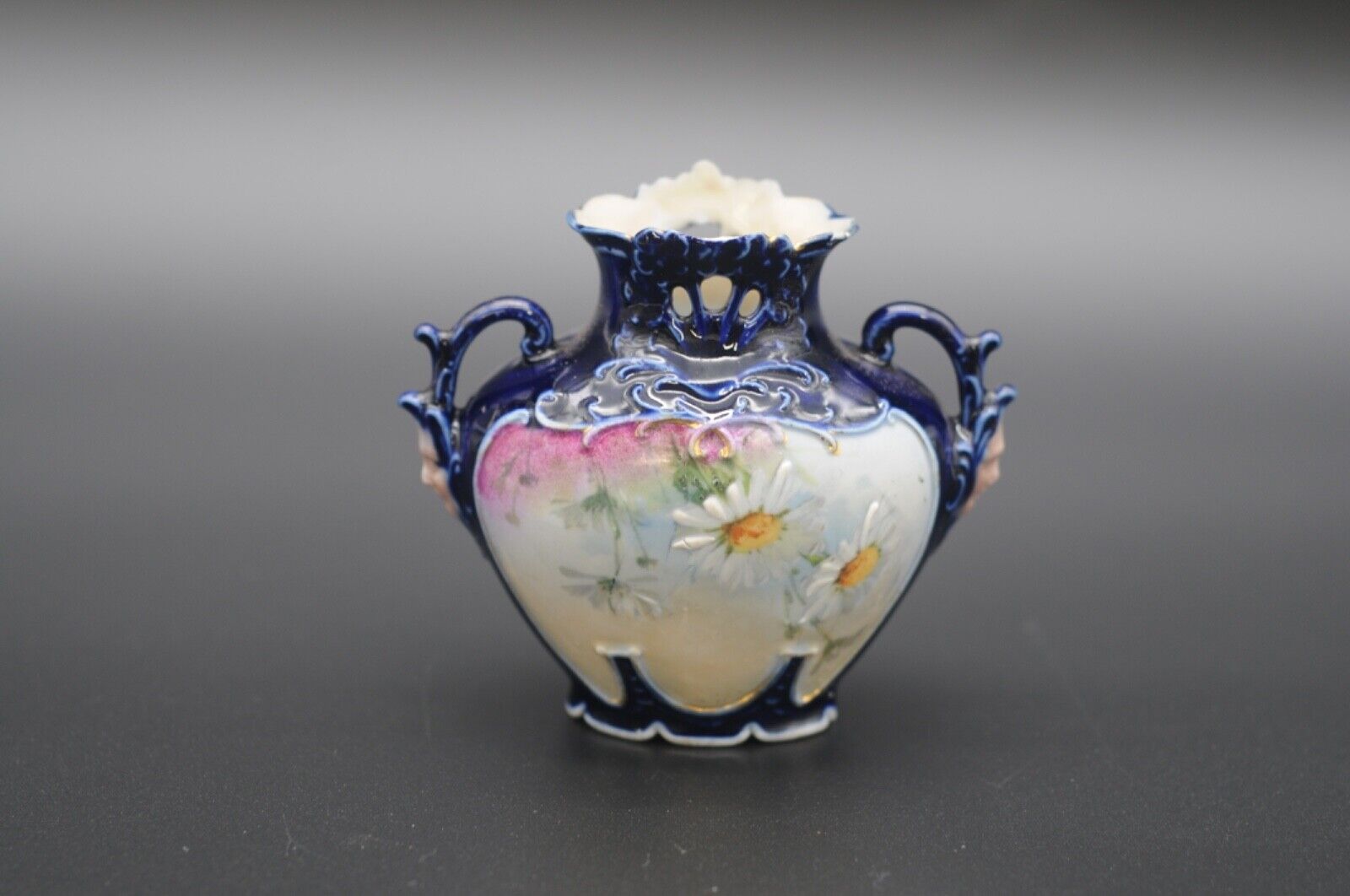 1800s Art Nouveau Cobalt Blue Porcelain Vase with Faces