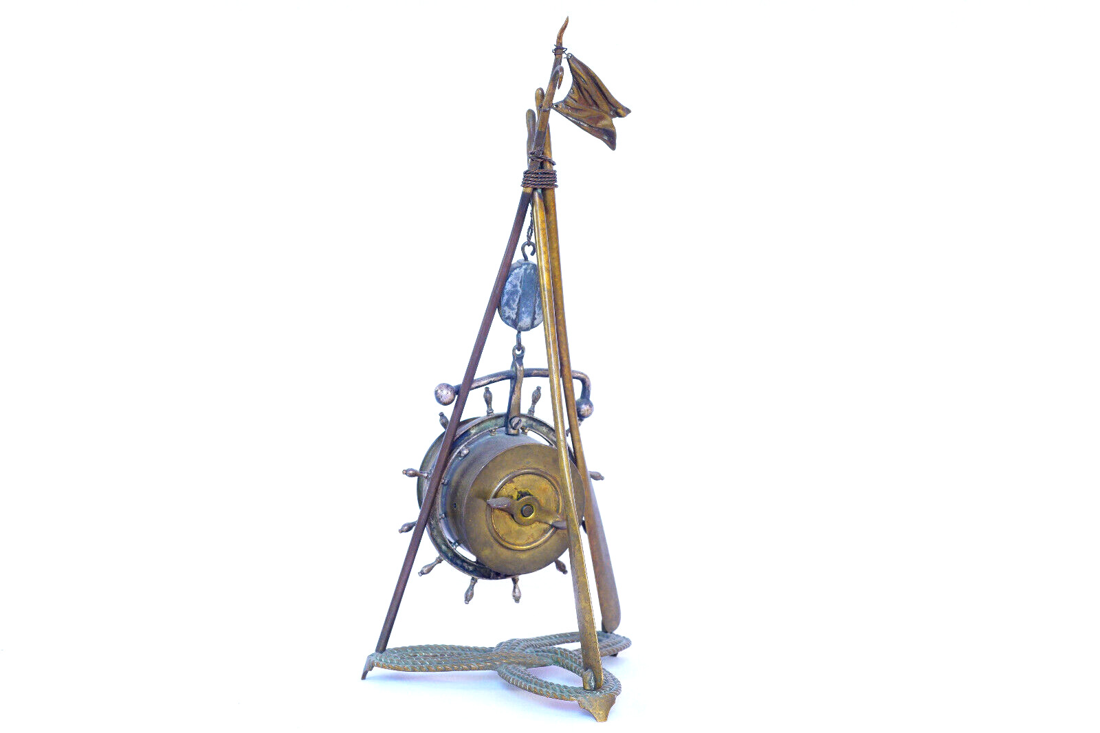Ansonia Nautical Clock Sculpture with Boat Wheel Flag