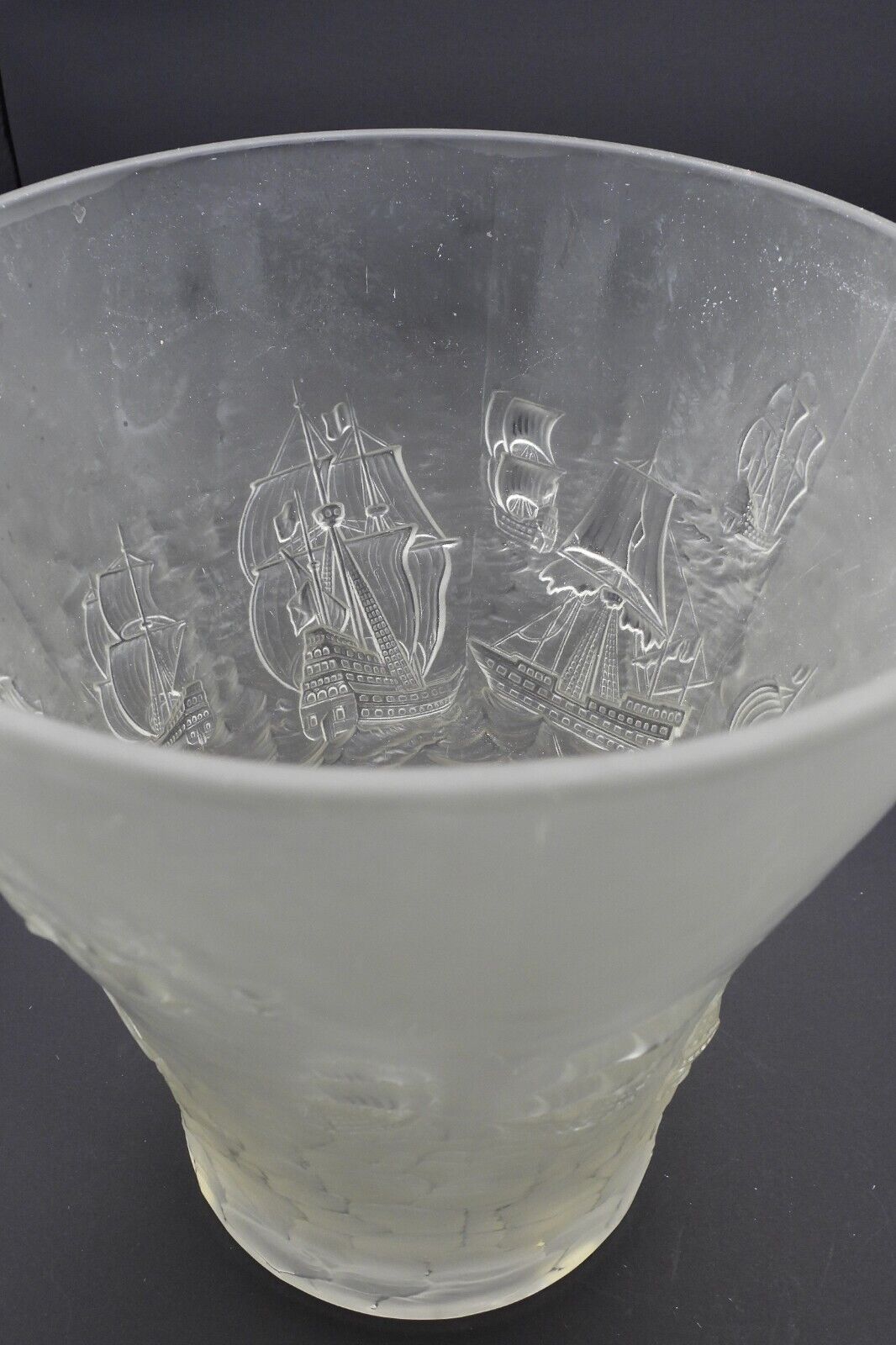 Antique Frosted Glass Navy Galleon Ships Large Vase