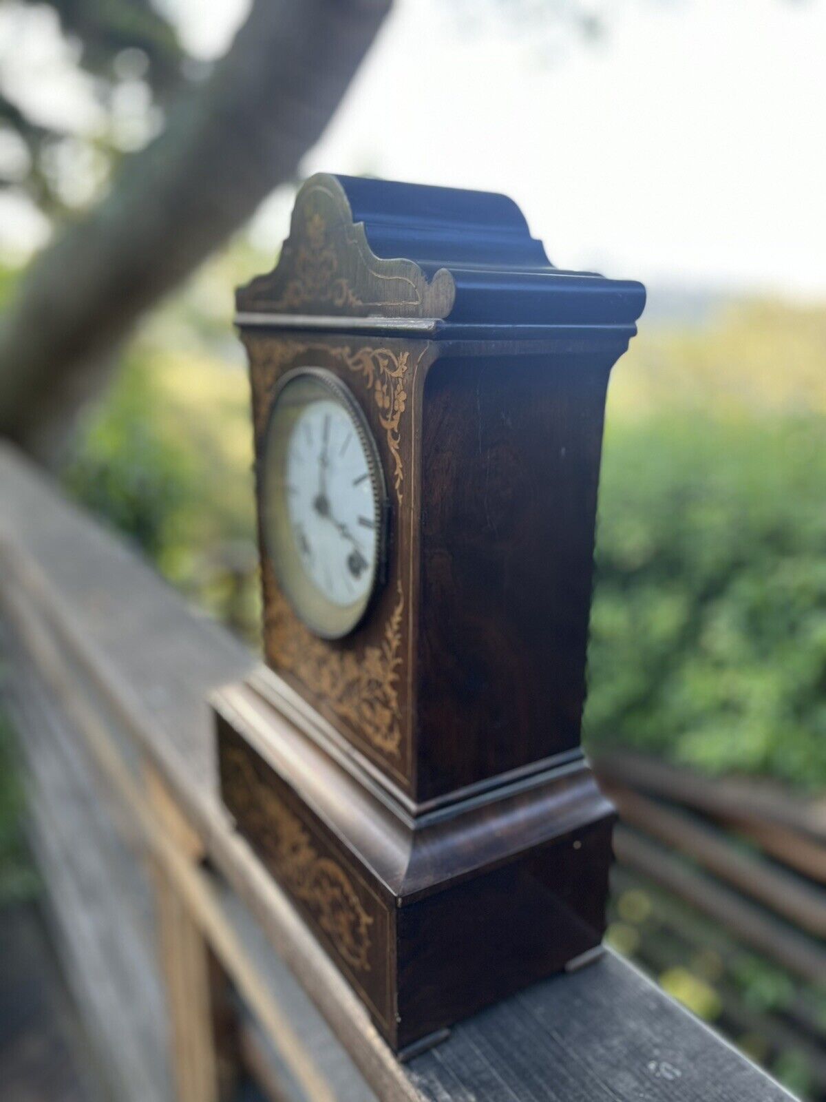 Edwardian Mahogany Inlaid Mantle Clock, Brass Pendulum