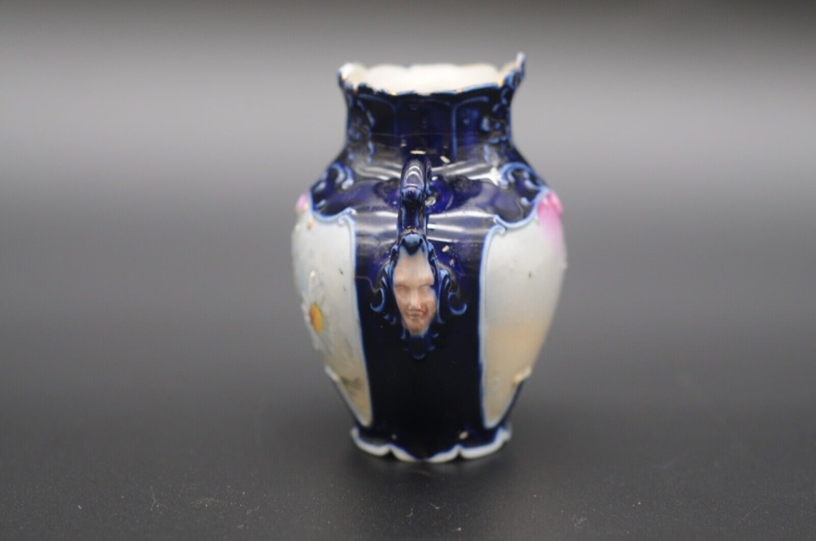 1800s Art Nouveau Cobalt Blue Porcelain Vase with Faces