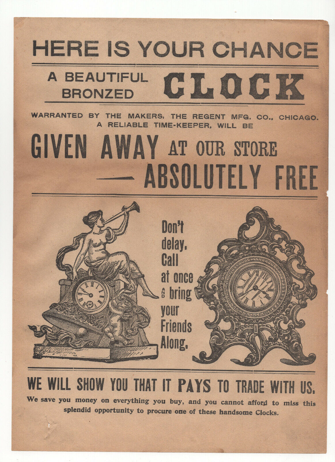 Vintage 1900s Clock Advertising Sign by Regent Mfg. Chicago