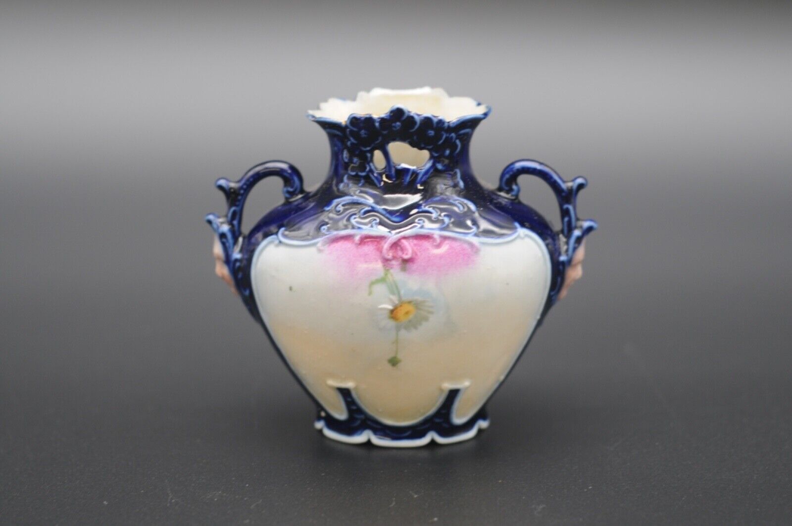 1800s Art Nouveau Cobalt Blue Porcelain Vase with Faces
