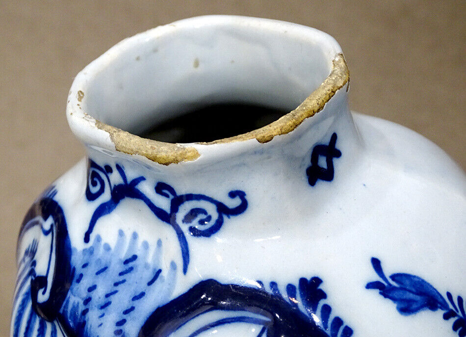 1700's Antique Delft Blue White Hand Painted Vase