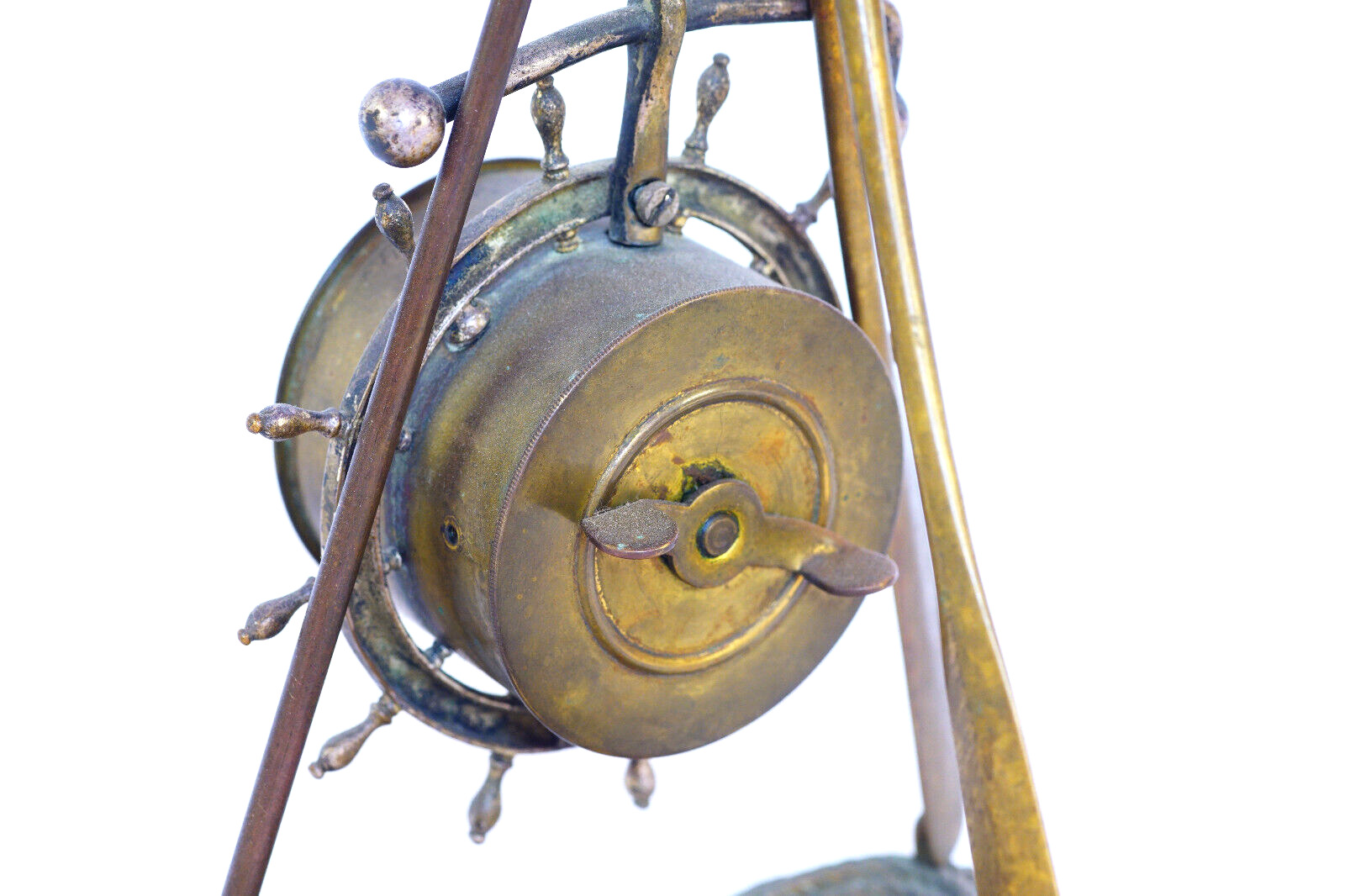 Ansonia Nautical Clock Sculpture with Boat Wheel Flag