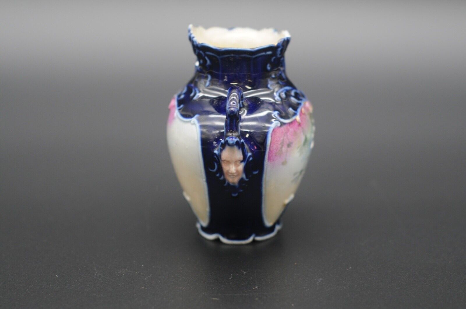 1800s Art Nouveau Cobalt Blue Porcelain Vase with Faces