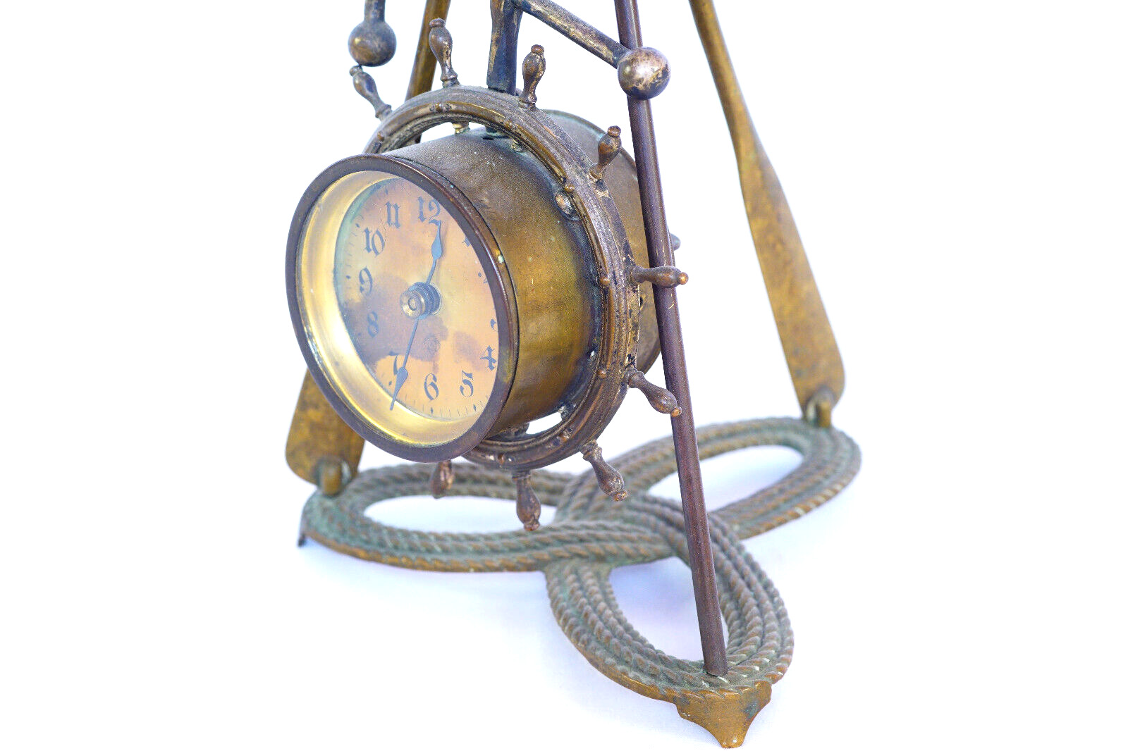 Ansonia Nautical Clock Sculpture with Boat Wheel Flag