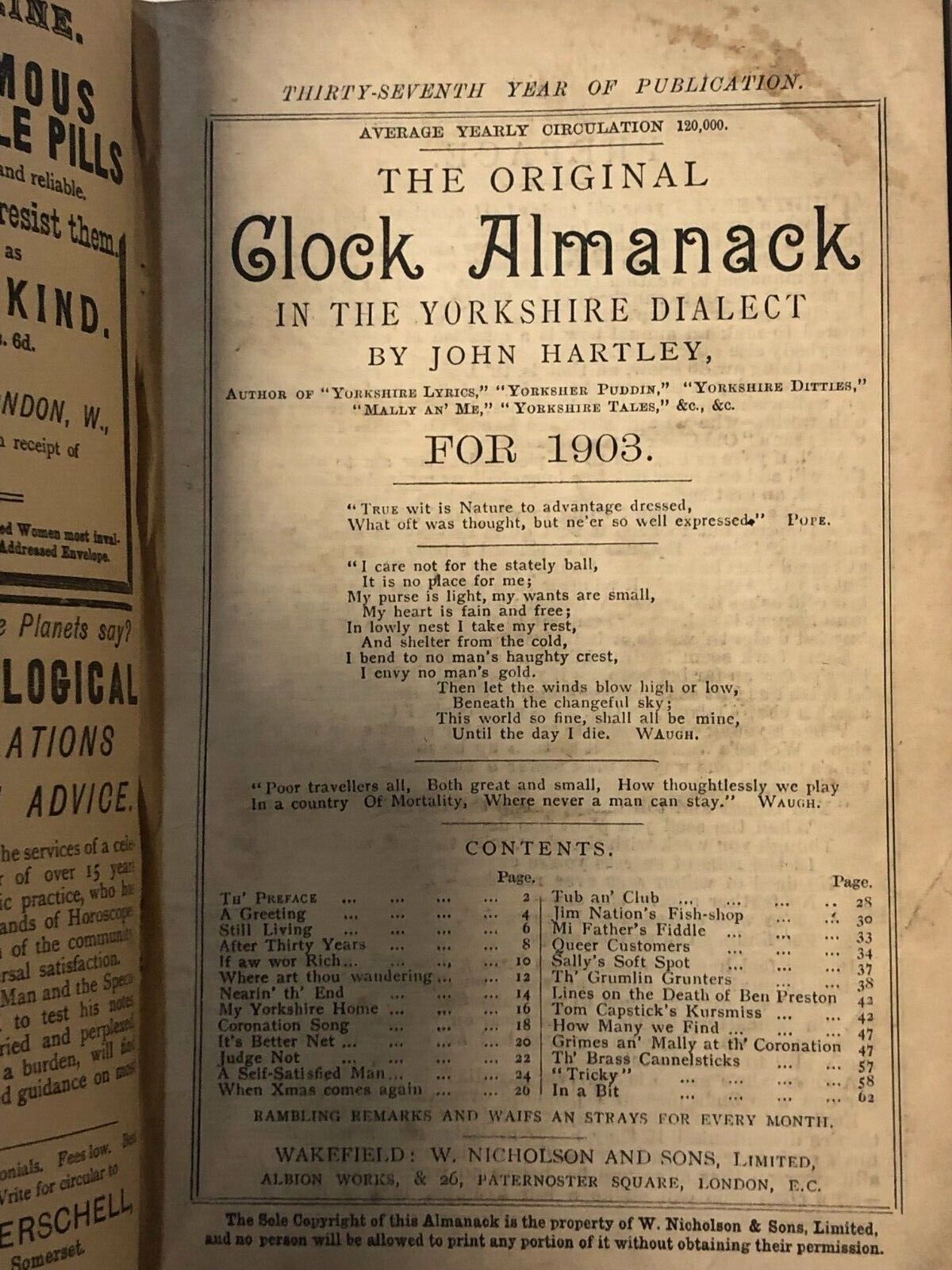 Antique John Hartley "Original Clock Almanack" Bound Edition