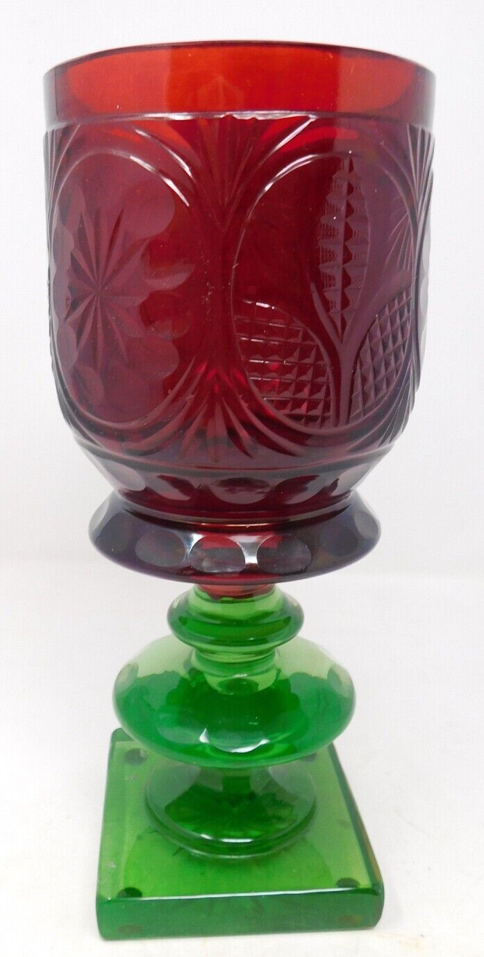 1800's Bohemian Chalice Vase Red & Green Lobmyer