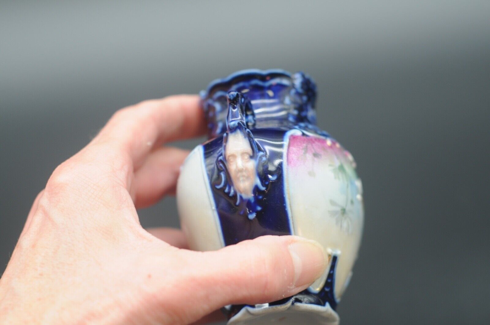 1800s Art Nouveau Cobalt Blue Porcelain Vase with Faces