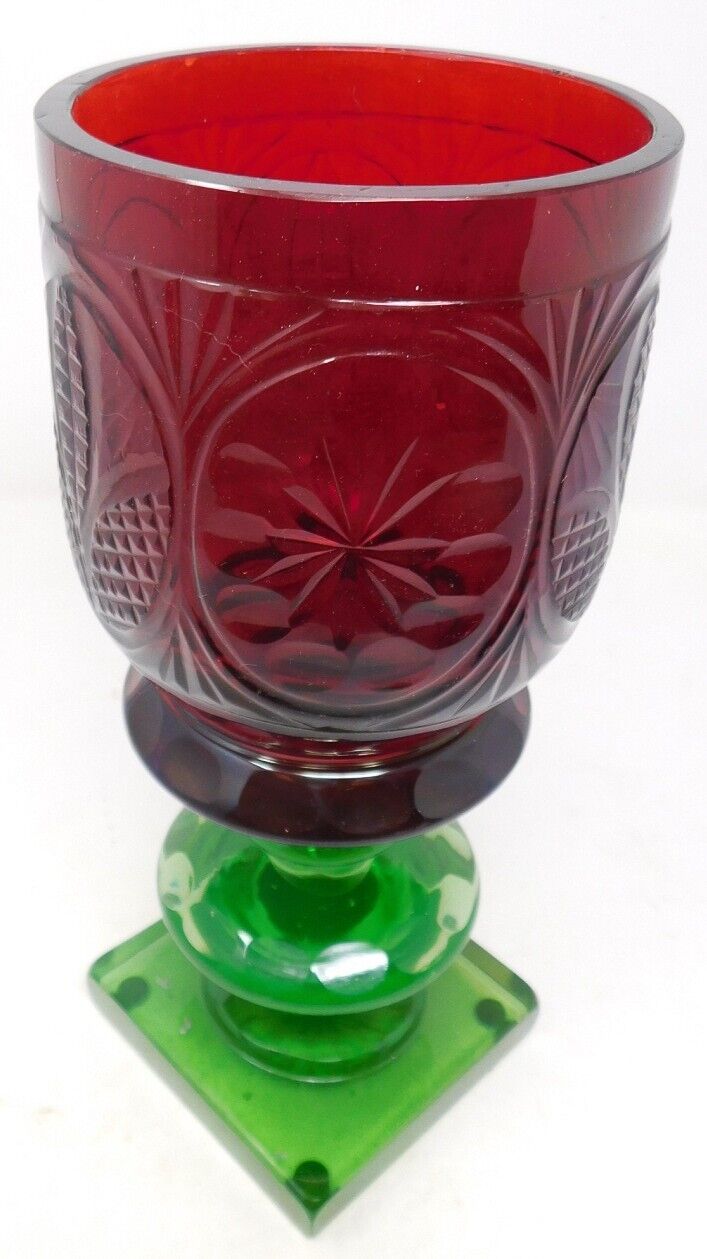 1800's Bohemian Chalice Vase Red & Green Lobmyer