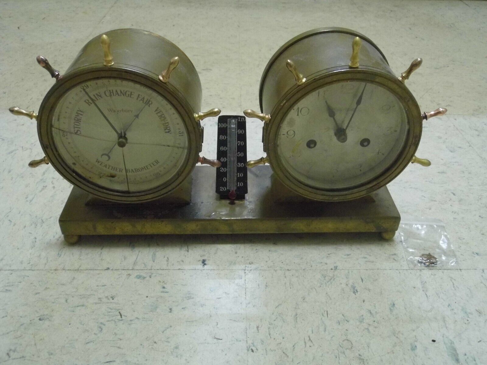 Waterbury Brass Ships Wheel Clock & Barometer Weather Station