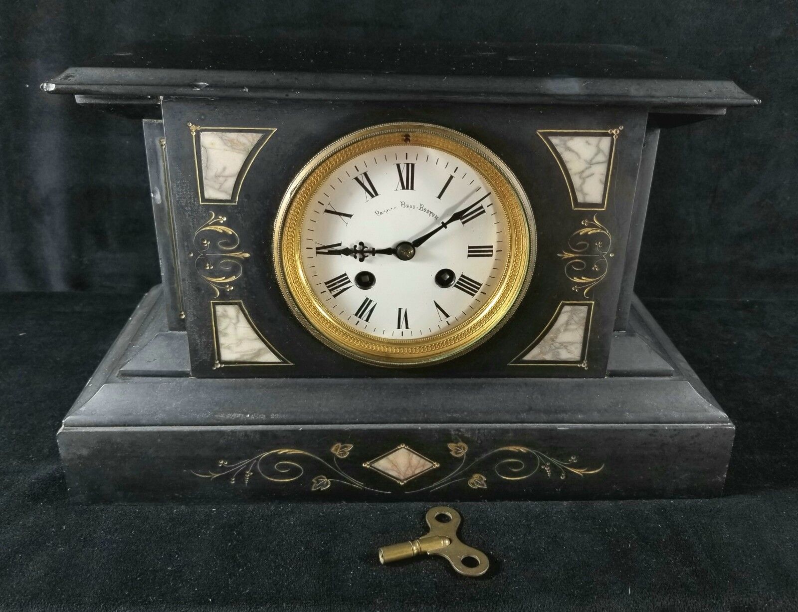 Late 1800s Key Wind Slate Mantle Clock - Parker Bros Boston