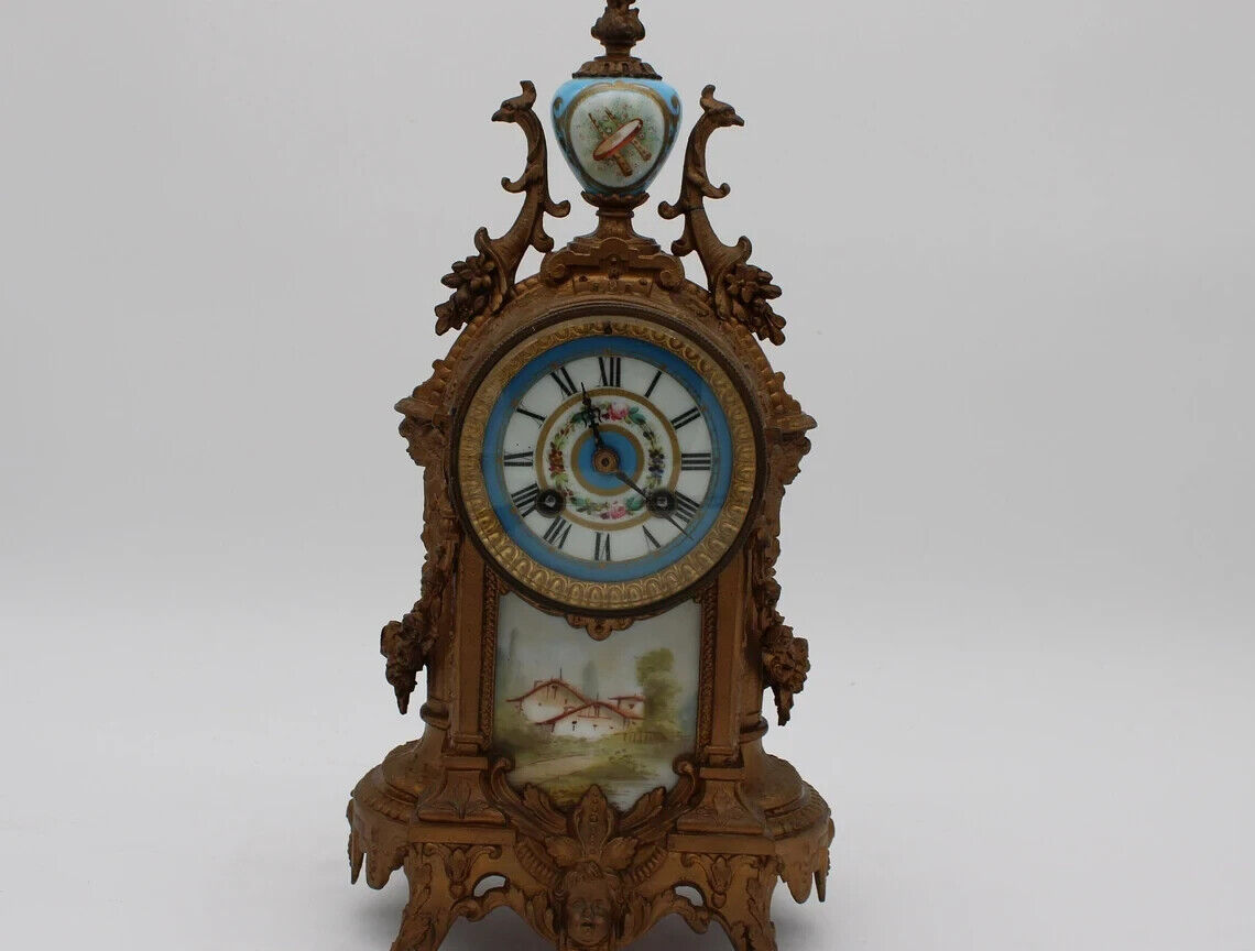 French Louis XV Japy Freres Mantle Clock, Hand-Painted