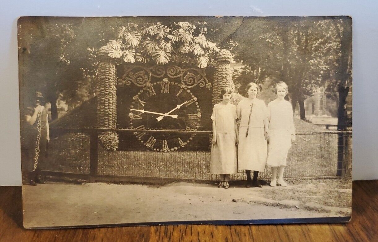 Antique 1900s Floral Clock with Women Photograph 5.5x 3.5in