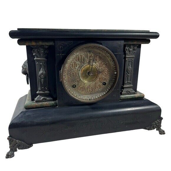 Late 1800's Black Lion Mantle Desk Clock