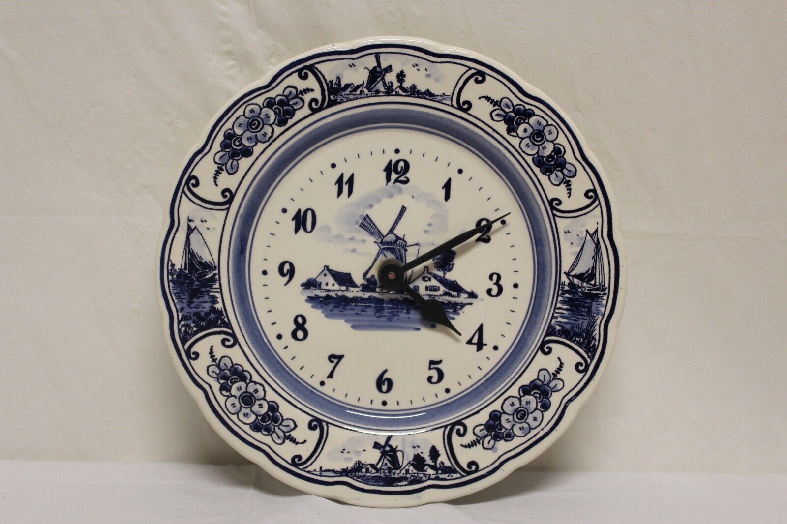 Vintage Delft Blue Wall Plate Clock 9" Windmill