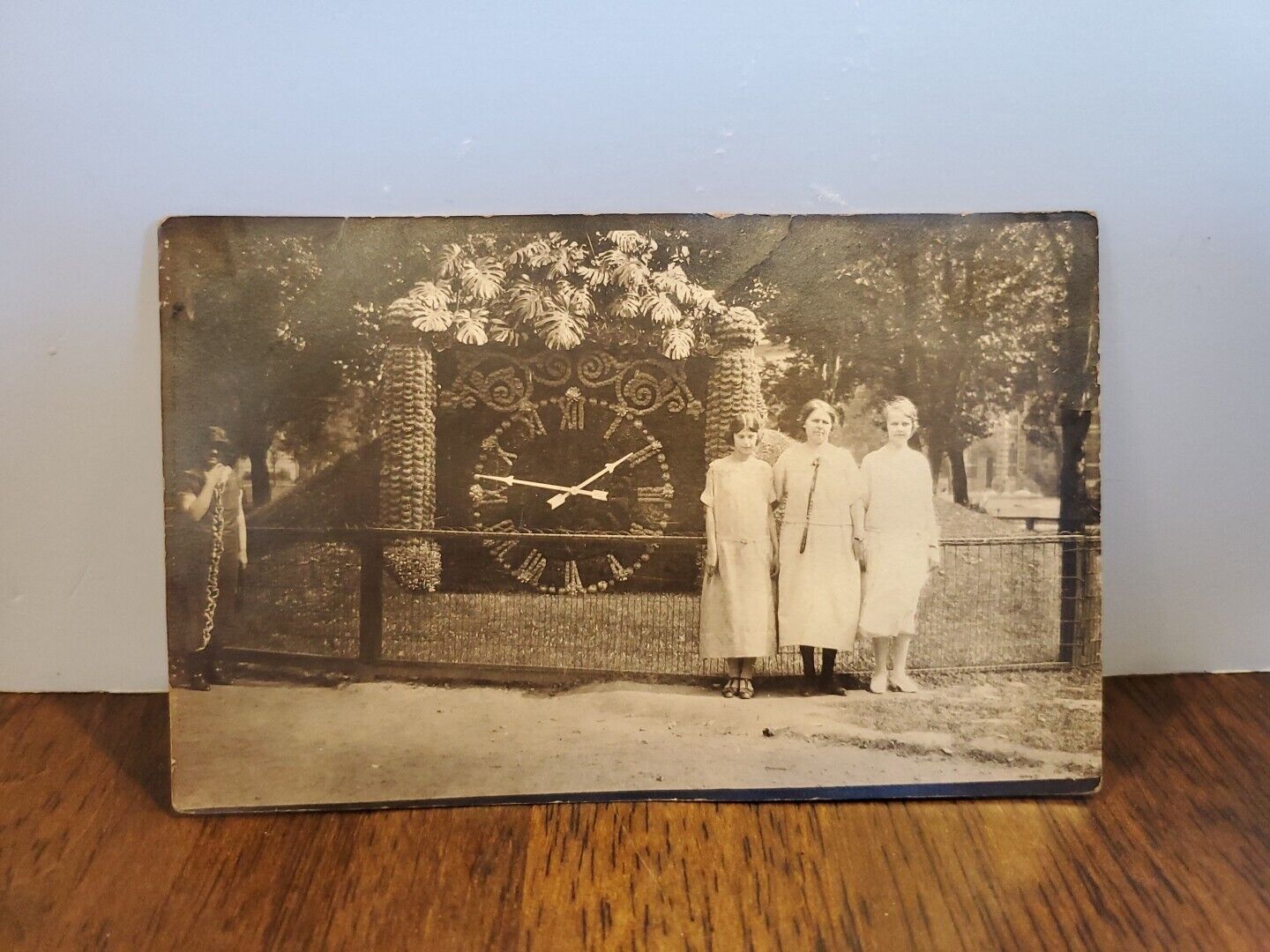 Antique 1900s Floral Clock with Women Photograph 5.5x 3.5in