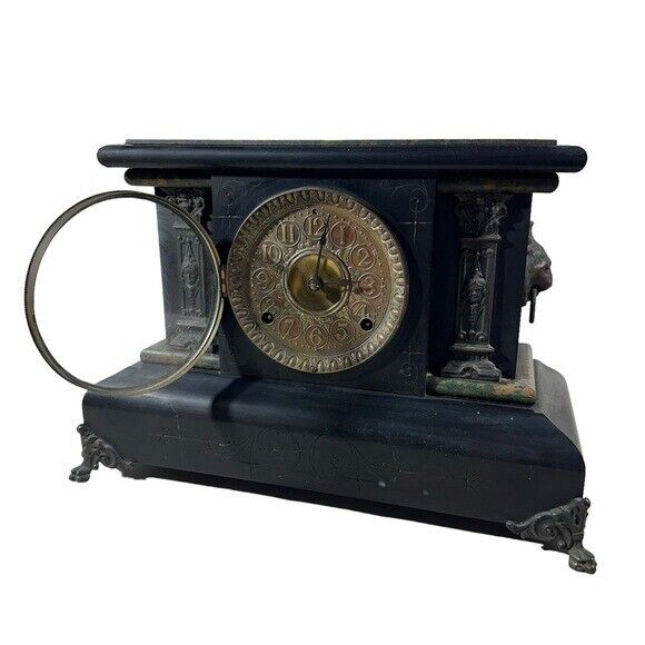Late 1800's Black Lion Mantle Desk Clock