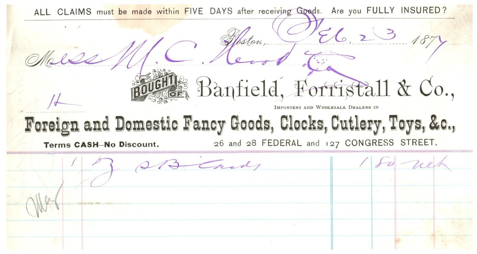 1800s Billhead Receipt from Cambridgeport MA Antiques