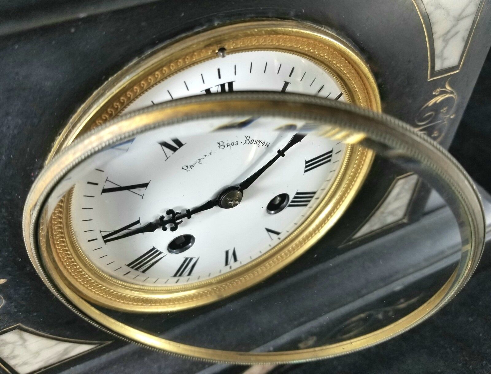 Late 1800s Key Wind Slate Mantle Clock - Parker Bros Boston