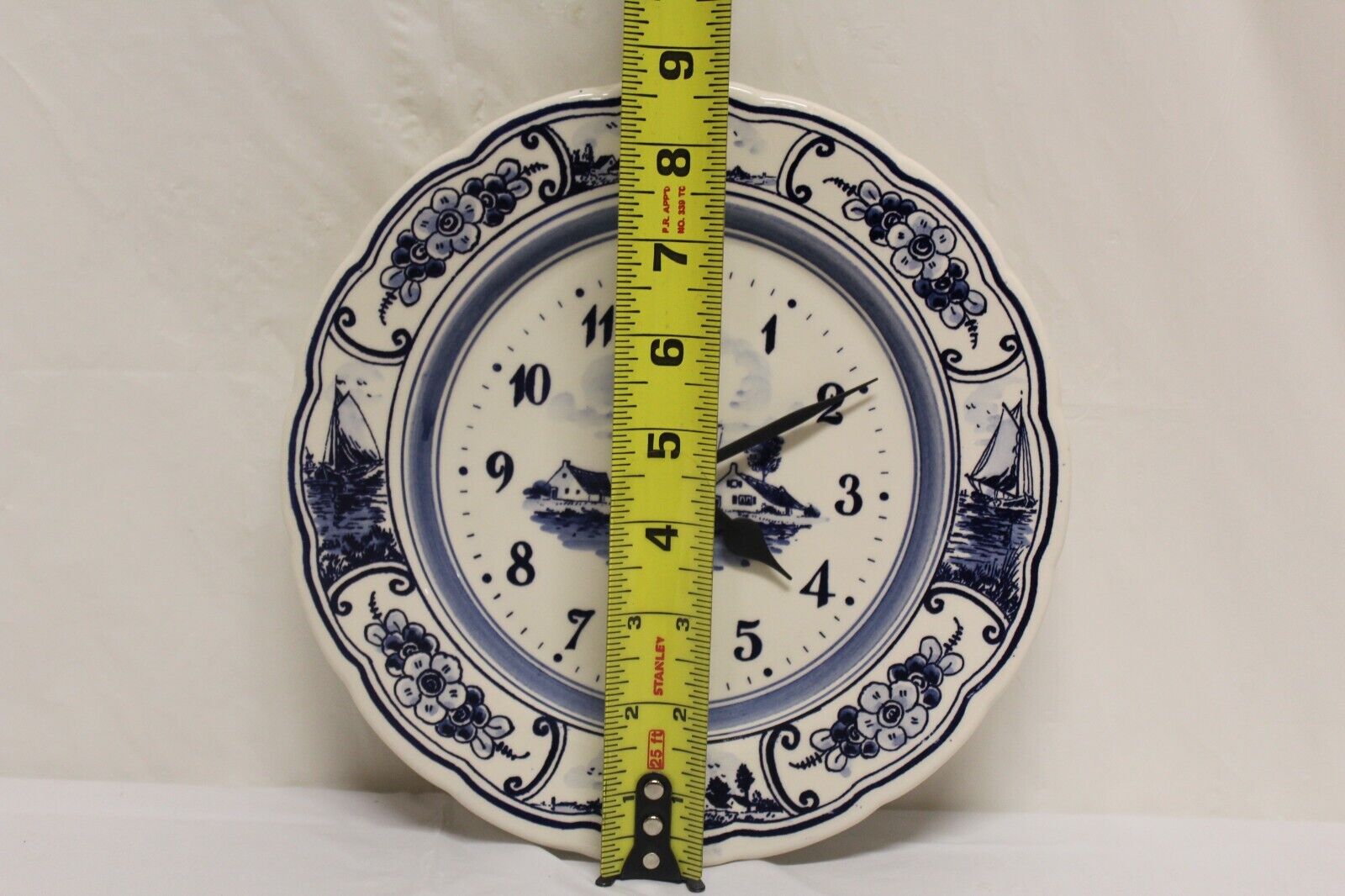 Vintage Delft Blue Wall Plate Clock 9" Windmill
