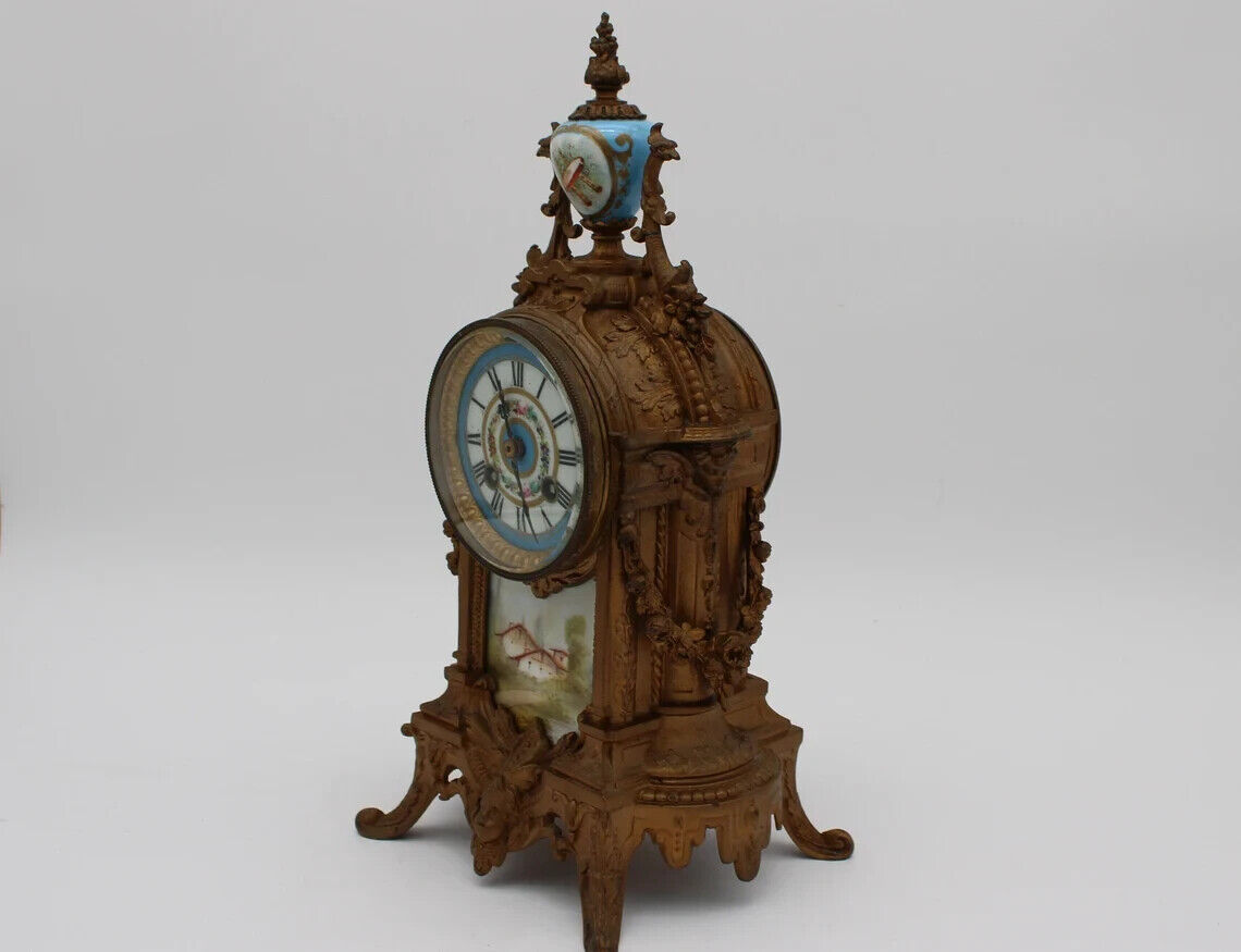 French Louis XV Japy Freres Mantle Clock, Hand-Painted