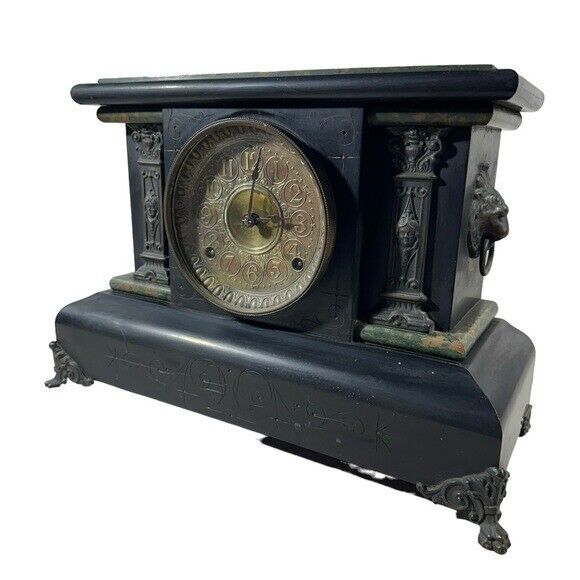 Late 1800's Black Lion Mantle Desk Clock