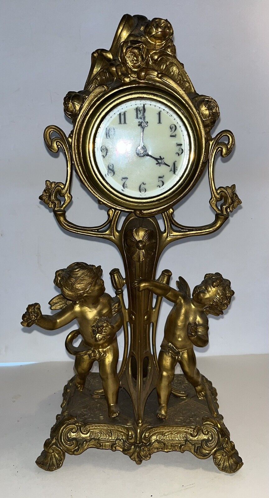 Art Nouveau Gilt Bronze Clock Figural Cherub Putti