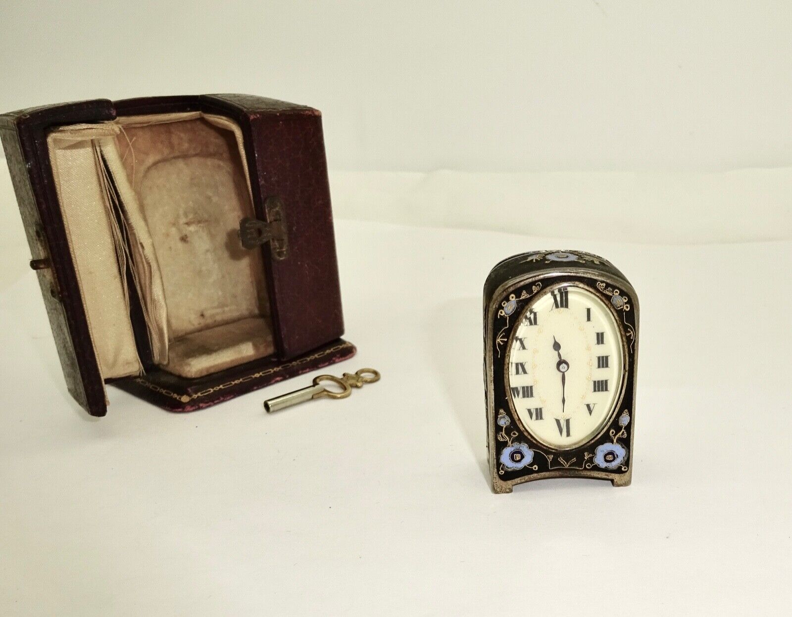 Antique Zenith 2384 Enameled Silver Clock with Original Case