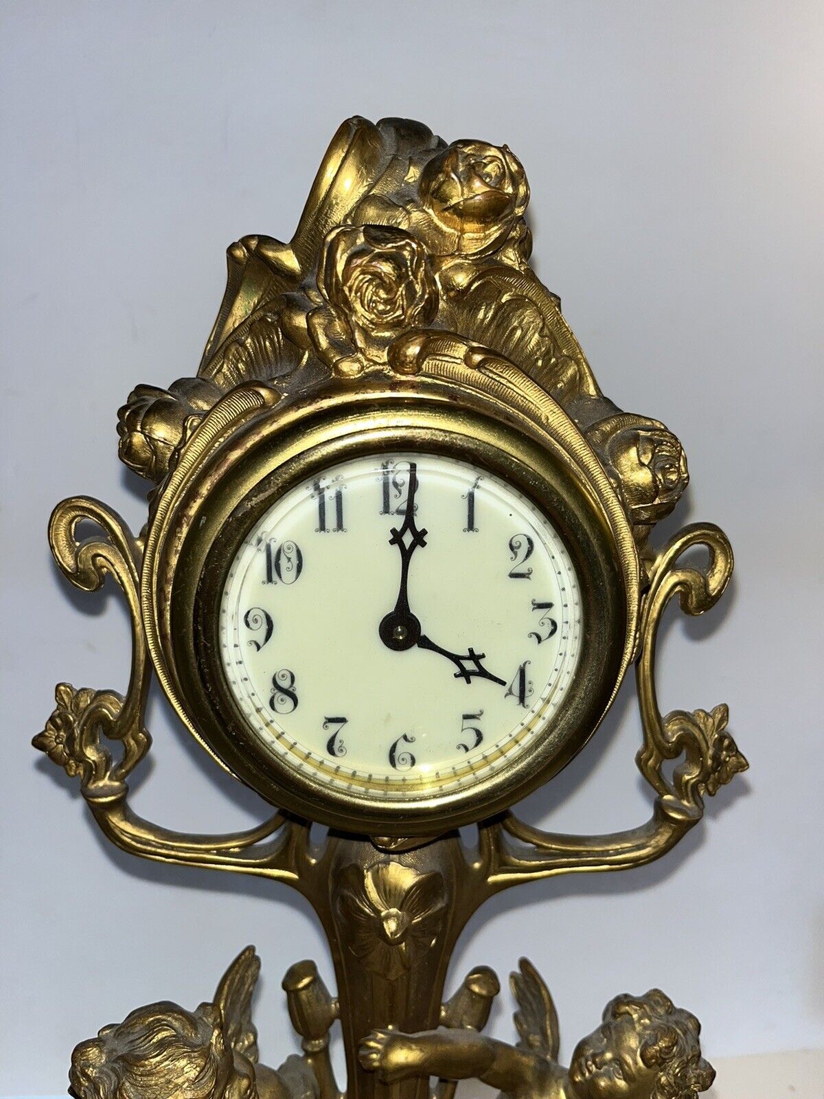 Art Nouveau Gilt Bronze Clock Figural Cherub Putti