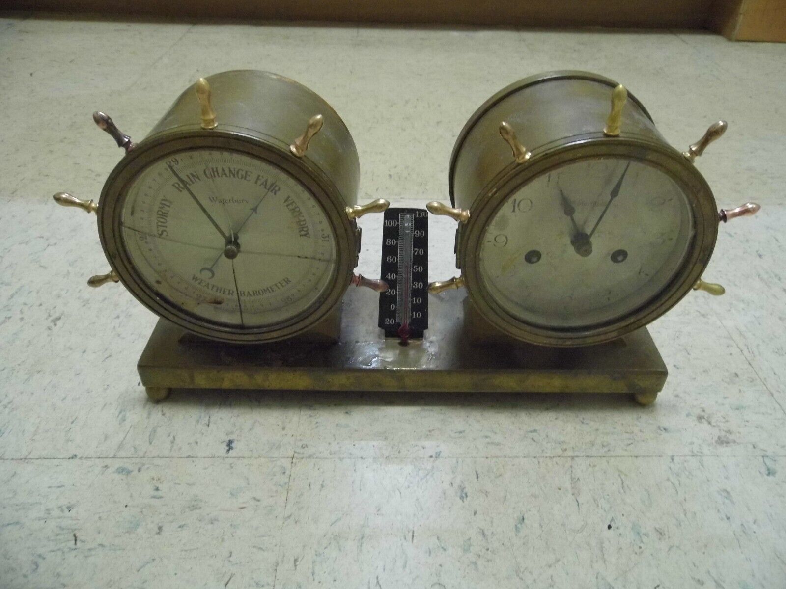 Waterbury Brass Ships Wheel Clock & Barometer Weather Station