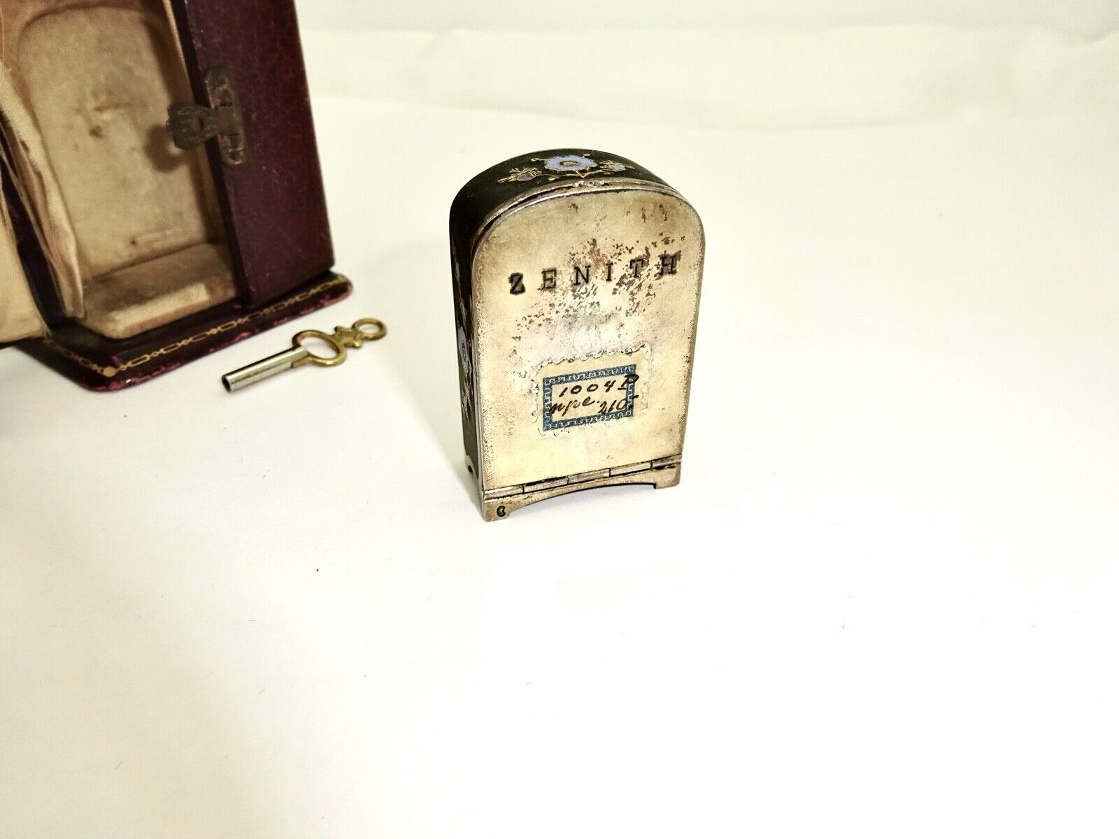 Antique Zenith 2384 Enameled Silver Clock with Original Case